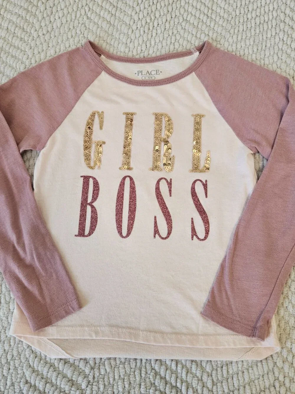Childrens Place Girls GIRL BOSS Sequin Raglan Top Size S 5/6